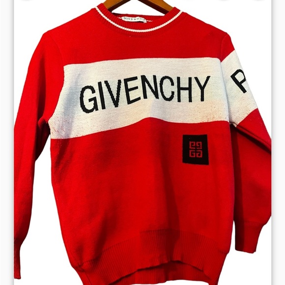 Vintage Givenchy Paris Red and White Logo Crewneck Sweater Sz Small Distressed.